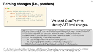 22
Parsing changes (i.e., patches)
UPD ReturnStatement@@”return getModule().equals(((ModuleWrapper) obj).getModule());”
--...