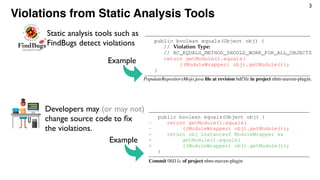 3
Violations from Static Analysis Tools
Static analysis tools such as
FindBugs detect violations
PopulateRepositoryMojo.ja...
