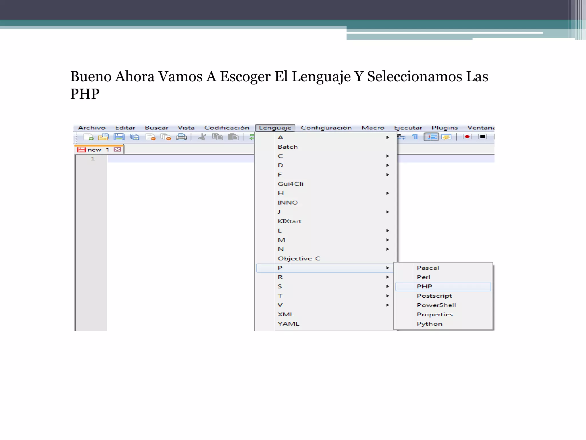 Bueno Ahora Vamos A Escoger El Lenguaje Y Seleccionamos Las
PHP
 
