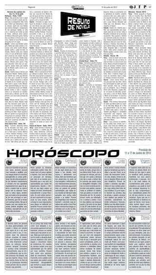 Regional                                                                                                                 10 de junho de 2012                                                        17

     Resumos dos capítulos dos           tará o casamento de Gabriel e Be-                                                                                         beijaram. Alexia se surpreende com       Máscaras - Record, 22h15
        dias 12 a 16 de junho            atriz, por causa de Cris. Miriam diz                                                                                      os galanteios de Cadinho. Jorginho       Terça - Otávio pergunta a Fausto
Malhação - Globo, 17h30                  que não gosta de Elisa. Fernando vê                                                                                       pressiona Nina para saber quem é         onde se encontra Eliza. Big Blond
Terça - Kiko pede para fazer o papel     a imagem de Zenóbio e Melissa se                                                                                          seu suposto namorado, mas ela não        afirma que Maria será levada de
de vilão no seriado e aceita que Ga-     apavora com a reação do filho.                                                                                            lhe revela nada. Monalisa e Tufão        helicóptero para o casamento. Eli-
briel seja o protagonista. Kiko conta    Quarta - Fernando se agita com a                                                                                          vão à praia. Muricy descobre que         za promete cuidar de Maria se Big
para Timtim que interpretará o vilão     figura de Zenóbio e começa a pas-                                                                                         Tufão saiu com Monalisa. Nina e          Blond a libertar. Décio conta para
do seriado. Guido fala com Natália       sar mal. Dimas reza pela saúde do                                                                                         Jorginho se beijam.                      Otávio que Elvira pediu dinheiro
que precisa divulgar a inauguração       filho. Regina tenta saber notícias de                                                                                     Sábado -Suelen diz a Olenka que o        para revelar o paradeiro de Maria.
de seu quiosque. Natália se irrita       Fernando. Melissa humilha Regina.                                                                                         filho que supostamente está espe-        O médico pergunta se Otávio pode
com o interesse de Cristal na vida       Miriam hostiliza Rodrigo. Francisco                                                                                       rando pode não ser de Iran. Tufão e      acompanhá-lo ao encontro de Ma-
de Alexia. Jefferson sente ciúmes        aconselha a neta a se desculpar                                                                                           Monalisa combinam de se encontrar        ria. Eneida faz com que Caio reve-
de Débora e Bernardo juntos. Natália     com as pessoas que prejudicou.                                                                                            novamente. Nina garante a Betânia        le seus sentimentos por Manuela.
fala com Alexia e Cristal ouve a con-    Rodrigo revela para Beatriz que co-                                                                                       que Carminha ainda não está derro-       Eneida determina que eles passem
versa. Gabriel vê uma foto de Alexia     nhece Elisa de outras vidas. Rodrigo                                                                                      tada. Olenka repreende Monalisa por      alguns dias afastados. A empresá-
                                                                                 Empreguetes e a notícia se espalha       contra Isadora e Conrado. Cida é
abraçada com um rapaz.                   fala o nome de Miriam ao invés do                                                                                         abandonar Silas por causa de Tufão.      ria garante que provará a Caio que
                                                                                 pelo Borralho. Inácio chega para         homenageada na boate e Isadora se
Quarta - Cristal ouve Natália contar     de Elisa durante a terapia. Miriam                                                                                        Verônica e Noêmia desconfiam de          Manuela é oportunista. Caio tenta
                                                                                 buscar Rosário e é confundido pe-        irrita. Conrado faz uma declaração
para Alexia que estão prestes a en-      visita Fernando.                                                                                                          que Cadinho esteja com Alexia. Nina      convencer Eneida a ficar.
                                                                                 las fabianáticas. Inácio leva Rosário    de amor à noiva em público e Cida
contrar uma prova contra Moisés.         Quinta - Miriam tranquiliza Fernan-                                                                                       tenta fotografar Max e Carminha          Quarta - Décio aconselha Otávio
                                                                                 ao quartinho.                            fica arrasada. Penha incentiva Ela-
Gabriel aceita o papel de Kiko no        do com sua visita. Carmem, Jacira                                                                                         juntos. Valdo avisa a Jorginho que       a esquecer Eliza. Décio afirma que
                                                                                 Quarta - Rosário se emociona com         no a não desistir de Cida. Samuel
seriado. Débora conta para Isabela       e Gracinha finalizam os últimos pre-                                                                                      Betânia ajudará Lucinda a fazer uma      Elvira pode levá-los até Maria. Big
                                                                                 o quartinho feito por Inácio. Chega o    visita a mãe no hospital. Conrado
como é a casa de Bernardo. Gabriel       parativos para a festa de casamento                                                                                       festa para Nina.                         Blond conta para Eliza que Otávio
                                                                                 dia do show das Empreguetes. Em          tenta punir Elano no escritório. Tom
quer conversar com Janjão, mas ele       de Valéria. Rodrigo estranha a forma                                                                                      Rebelde - Record, 19h                    (Martim) fugiu. Eliza acusa Big
                                                                                 entrevista ao rádio, Tom diz que foi     desperta amarrado é amarrado na
arranja uma desculpa. Natália flagra     com que Clara trata Elisa. Cris ame-                                                                                      Terça – Jonas se reúne com os alu-       Blond de ter libertado Otávio (Mar-
                                                                                 ele quem descobriu as Empregue-          cama de Chayene.
Cristal ouvindo sua conversa com         aça morar com o pai para que Bea-                                                                                         nos. O diretor diz que vai liberar as    tim) para impedir seu casamento.
                                                                                 tes. Otto fica sabendo que Lygia         Avenida Brasil - Globo, 21h
Nelson. Moisés pede ajuda a Fôjo         triz não se case com Gabriel. Clara                                                                                       aulas de teatro e a sala de estar para   Elvira pede dez mil reais para que
                                                                                 saiu do escritório de Sarmento e fica    Terça - Carminha sustenta a história
para descobrir como tirar um pas-        vê uma sombra atrás de Elisa e Ro-                                                                                        todos. Becky e Vicente se beijam em      Otávio e Décio visitem sua conhe-
                                                                                 decepcionado. Conrado planeja ir         que contou para Tufão e todos ficam
saporte. Janjão revela para Gabriel      drigo e implora que Miriam o salve.                                                                                       clima de romance. Vicente conta a        cida no presídio. Maria recebe a
                                                                                 ao show das Empreguetes escondi-         chocados. Monalisa abandona Silas
que foi Moisés quem armou o as-          Elisa ouve Clara afirmar que Rodrigo                                                                                      Becky que Tatiana também o beijou.       notícia de que irá ao casamento do
                                                                                 do de Isadora. Brunessa vê Rodinei       no posto médico. Ágata compara
salto contra ele.                        e Miriam nasceram um para o outro.                                                                                        Maria e Murilo namoram no jardim.        irmão. Big Blond conta para Big One
                                                                                 chegando ao Pavilhão do Som com          Nina a uma irmã. Muricy desconfia
Quinta - Gabriel avisa a Carcará que     Sexta - Elisa se aproxima de Rodri-                                                                                       Os rebeldes se reúnem para ensaiar.      que Otávio (Martim) fugiu. Novais
                                                                                 Liara e fica com ciúmes. Conrado         de que haja uma cumplicidade entre
denunciará Moisés. Natália implora       go e Miriam se afasta. Todos no edi-                                                                                      Carla, Alice e Roberta brigam por        aponta a arma para Big Blond e afir-
                                                                                 aparece com os amigos e Liara o          Carminha e Max. Jorginho expulsa
que Gabriel não conte para Moisés        fício São Jorge ajudam a organizar o                                                                                      causa do microfone. Após a briga,        ma estar cumprindo ordens.
                                                                                 reconhece.                               Carminha de sua casa. Cadinho vai
que sabe que o assalto foi forjado       casamento de Josué e Valéria. Clara                                                                                       os rebeldes desistem de ensaiar.         Quinta - Big Blond afirma que já sa-
                                                                                 Quinta - Socorro avisa a Chayene         atrás de Alexia. Nina se encontra
por ele. Nelson desaprova a atitude      conta para Rodrigo o sonho que                                                                                            Quarta – Jonas chama Vitória até         bia que deveria ser substituído por
                                                                                 que o plano deu certo. Cida, Penha e     com Jorginho. Tufão diz a Carminha
de Natália de ter contado para Ga-       teve com ele. Rodrigo volta a sen-                                                                                        sua sala para falar das fotos. Vitória   Martim. Big Blond diz a Novais que
                                                                                 Rosário tomam chá antes de entrar        que sairá de casa.
briel sobre a prova contra Moisés.       tir dores na nuca. Elisa sonha com                                                                                        fica constrangida ao saber que suas      o falso Martim não poderia tomar
                                                                                 no palco. As Empreguetes cantam          Quarta - Carminha se desespera
Filipe repreende Betão por não acei-     a caixinha de música que apavora                                                                                          fotos vazaram. Artur diz a Vitória       seu lugar. O líder da gangue garante
                                                                                 normalmente e Socorro se desespe-        com a decisão de Tufão. Darkson
tar o casamento do pai com Natália.      Clara. Fernando confessa a Dimas                                                                                          que irá protegê-la. Juju e Penélope      que Toga pode provar a identidade
                                                                                 ra. Chayene nota que está sem voz e      consola o pai. Tufão avisa à família
Beatriz motiva o neto a esquecer         que tentou matar Rodrigo. Cris pede                                                                                       dizem estar dispostas a ajudar Vitó-     de Otávio. Martim pede para Toga
                                                                                 conclui que Socorro trocou os chás.      que vai morar com Leleco. Max se
Alexia e se concentrar no trabalho.      perdão a Kléber. Melissa zomba da                                                                                         ria. Os alunos do Elite Way conver-      assinar o cheque a ser descontado
                                                                                 Rosário dedica uma música a Inácio       insinua para Nina, que se esquiva.
Cristal avisa a Moisés que ele está      preocupação de Dimas com a saú-                                                                                           sam sobre o caso de Vitória. Murilo      em nome de Otávio. Manuela fala
                                                                                 e ele se emociona. Fabian sobe ao        Carminha culpa Rita por tudo o que
prestes a ser preso pela armação do      de mental do filho. Fernando beija                                                                                        e Maria se reconciliam. O casal fica     para Caio que está voltando para o
                                                                                 palco e faz uma homenagem a Ro-          acontece à sua família e Nina tenta
assalto.                                 Miriam.                                                                                                                   em clima de namoro e se beija apai-      Rio de Janeiro. Luciana encontra o
                                                                                 sário. Isadora flagra Conrado com        animá-la. Carminha ameaça Lucin-
Sexta - Moisés decide ir para o Ca-      Sábado - Gracinha se surpreende                                                                                           xonadamente.                             capuz e sente o perfume de Eneida.
                                                                                 Cida no camarim. Penha recebe flo-       da e as duas discutem. Tessália re-
nadá atrás de Alexia. Moisés exige       quando Rodrigo conta que Elisa vai                                                                                        Quinta – Pilar continua desesperada      Novais afirma que Big Blond lutará
                                                                                 res de Lygia e se comove.                clama para Leleco que Darkson não
que Fôjo descubra quem quer de-          morar com ele. Rodrigo pede para                                                                                          ao saber que Binho pode ser expul-       para manter seu cargo. A cerimônia
                                                                                 Sexta - Inácio impõe que Rosário         leva jeito para professor de natação.
nunciá-lo na comunidade. Carmem          Priscila levar um presente seu para                                                                                       so do Elite Way. Miguel diz a Pilar      de nomeação de Otávio como líder
                                                                                 se afaste de Fabian. Sentindo fortes     Tufão convida Monalisa para sair.
garante a Laura que encontrará Luís      Valéria e Josué. Solange diz a Ro-                                                                                        que ajudará Binho a não ser expul-       é iniciada.
                                                                                 dores na barriga, Lygia vai ao hospi-    Quinta - Monalisa aceita sair com
Avelar. Bertoni e Fabiano elogiam a      drigo que não aceita que Elisa more                                                                                       so. Binho pede ajuda e conta aos         Sexta - Os presentes comemoram o
                                                                                 tal e, ao tentar avisar a Samuel, des-   Tufão. Iran e Suelen criticam as ati-
eficiência de Filipe. Guido agradece     com ele antes do casamento. Gra-                                                                                          rebeldes que Miguel é o verdadeiro       noivado de Eliza e Otávio. Big Blond
                                                                                 cobre que ele não dormiu em casa.        tudes de Monalisa. Tufão aconselha
Babi por ajudá-lo na organização da      cinha implica com Priscila. Rodrigo                                                                                       responsável pela bagunça. Guto           fica arrasado e encara a sua arma.
                                                                                 Penha procura Lygia e descobre que       Jorginho a ir atrás de seu amor. Ale-
inauguração do quiosque. Betão se        pega o anel do Marajó que Verbena                                                                                         e Bernardo continuam implicando          Martim pede que Toga anote o en-
                                                                                 ela foi para o hospital. A médica        xia não consegue resistir a Cadinho.
arrepende de ter ficado com Maria e      lhe deu e pensa na conversa que                                                                                           com Vitória. Maria, Juju e Penélope      dereço do apartamento de Manue-
                                                                                 avisa a Lygia que ela será operada.      Nina se preocupa ao ver o estado
pede para conversar com Babi. To-        teve com Miriam. Valéria hesita ao                                                                                        defendem Vitória.                        la. Novais luta para tirar a arma de
                                                                                 Tom propõe a Rosário uma parceria        em que Carminha deixou Lucinda.
más procura Cristal.                     responder se aceita se casar com                                                                                          Sexta – Lucy observa os rebeldes.        Big Blond e ela dispara. Big Blond
                                                                                 com Fabian e ela recusa. Isadora se      Alexia decide deixar Cadinho tentar
Amor Eterno Amor - Globo, 18h            Josué.                                                                                                                    Ela fica ainda mais irritada com o       chora nos braços de Eliza. Martim
                                                                                 sente ameaçada por Cida e pede à         conquistá-la e Paloma fica radiante.
Terça - Carmem repreende Valéria         Cheias de Charme - Globo, 19h15                                                                                           grupo. João conta aos rebeldes que       afirma que será nomeado chefe por
                                                                                 mãe para demiti-la. Rosário conta        Carminha procura Tufão na casa de
por ter discutido com Elisa. Jacira      Terça - Inácio termina a reforma de                                                                                       Miguel e Binho marcaram uma bri-         Dallas quando o outro Martim (Otá-
                                                                                 para o pai que vai morar com Iná-        Leleco. Lúcio vê Monalisa entrar no
reclama por Tobias não deixá-la fa-      seu quartinho e o enfeita para Ro-                                                                                        ga. Jonas e Jorge tentam ajudar Vi-      vio) morrer. Manuela vai ao encon-
                                                                                 cio no quartinho do bufê. Alejandro      carro de Tufão e conta para Silas.
zer as fotos para a revista. Melissa     sário. Valda demonstra confusão                                                                                           tória. Jorge diz a Jonas que a polícia   tro de Caio e encontra o capuz de
                                                                                 chega ao hospital e encontra Penha.      Tufão e Monalisa se beijam.
e Dimas ofendem Rodrigo e Elisa.         mental e Cida se preocupa. Lygia se                                                                                       já sabe de onde partiu o roubo das       Eneida. Caio e Manuela se beijam.
                                                                                 Sábado - Lygia conta para Penha          Sexta - Monalisa e Tufão decidem
Laura pensa em ligar para Dimas.         queixa de dor no abdome. Isadora                                                                                          fotos. Vicente conta a Marcelo que       O empresário promete que eles fica-
                                                                                 que está sem empregada e ela se          não falar sobre Silas e Carminha.
Priscila conta para Marlene que co-      seleciona suas fotos para o slide                                                                                         pretende pedir Becky em casamen-         rão juntos. Otávio recebe o planeja-
                                                                                 oferece para ajudá-la. Penha rece-       Max tenta convencer Carminha a
nheceu Laís e Julinho em um show         show do casamento e Cida troca                                                                                            to. Marcelo guarda as alianças para      mento da missão março 2011 e fica
                                                                                 be um convite de Gentil para jantar.     abandonar o marido. Tufão conta
de rock. Gabi afirma que não acei-       os envelopes. Fabian ensaia com as                                                                                        Vicente.                                 assustado.
                                                                                 Cida vai à boate com Elano e en-         para Leleco que ele e Monalisa se



                                                                                                                                                                                                                  Previsão de
                                                                                                                                                                                                     11 a 17 de Junho de 2012

                         Aríes
                       DE 21/3 A 20/4
                                                                Touro
                                                               DE 21/4 A 20/5
                                                                                                   Gêmeos
                                                                                                       DE 21/5 A 20/6
                                                                                                                                               Câncer
                                                                                                                                                DE 21/6 A 20/7
                                                                                                                                                                                           Leão
                                                                                                                                                                                        DE 22/7 A 22/8
                                                                                                                                                                                                                               Virgem
                                                                                                                                                                                                                                DE 23/8 A 22/9


 Este é um momento em que você,           Neste período as inúmeras               Muitas energias se concentram            Neste período você precisa pôr as        Neste período o leonino enfrenta         O virginiano ainda está sob os
 caro ariano, precisará procurar          solicitações podem estar dei-           em seu signo desde que o Sol             barbas de molho, porque inicia o         algumas turbulências que não fa-         influxos do planeta Marte em
 mais harmonia e equilíbrio, pois         xando você um pouco agitado             iniciou o seu trânsito, onde             seu Inferno Astral. Porém, não se        cilitam a sua vida. Porém, se as         trânsito em seu signo e pode
 sua energia precisa se concentrar        e inquieto, mas você não deve           ocorreu o alinhamento com                preocupe em demasia, pois bas-           coisas não funcionarem confor-           se beneficiar desta presença
 principalmente no campo profis-          se preocupar em demasia,                Vênus. Além dos benefícios que           tará agir com cautela e discrição        me seus desejos, lembre-se de            investindo nos seus planos
 sional. Seu dia a dia será preenchi-     pois tudo irá se resolver posi-         isso proporciona do ponto de             para não se expor a nenhum tipo          que as situações difíceis servem         profissionais e pessoais. Um
 do por inúmeros compromissos             tivamente para o seu lado. As           vista energético, melhorando os          de confronto que poderá causar           para fortalecê-lo. Procure ser           dia a dia muito intenso de
 e somente uma boa capacidade             oportunidades que Júpiter lhe           seus relacionamentos pessoais,           um desequilíbrio energético. Este        criativo e, sobretudo, seja diplo-       acontecimentos pode, porém,
 organizacional será capaz de aju-        proporcionou durante o trân-            afetivos e amorosos, agora você          não é um bom momento para ten-           mático em seus contatos pesso-           prejudicar a sua saúde se você
 dá-lo a resolver tudo ao mesmo           sito em seu signo podem se              inicia um período de grandes             tar impor suas opiniões, especial-       ais e logo colhera bons frutos de        não conseguir equacionar to-
 tempo sem se estressar! Como             realizar em breve, beneficiando         oportunidades, pois Júpiter ini-         mente no ambiente de trabalho,           suas iniciativas. A Lua em aspec-        dos os seus compromissos.
 para os outros signos, também            especialmente o campo finan-            cia o transito em Gêmeos! Saiba          visto que poderá se envolver em          to favorável nos primeiros dias          Sua maleabilidade poderá lhe
 para você existe uma necessidade         ceiro. Se você estiver pensan-          aproveitar, seus sonhos estão            discussões sem fim. No entanto,          da semana, o ajudará a alcançar          ser útil para priorizar as suas
 de dar uma arrumação no cam-             do num casamento ou na aqui-            prestes a se realizar. Procure           procure manter seu individualis-         seus objetivos que poderão se            iniciativas. Agora que seu re-
 po financeiro, para não se enrolar       sição de casa própria, pode             não desperdiçar este momento             mo e continue a manter o foco            concretizar, especialmente no            gente Mercúrio se deslocou no
 com eventuais dívidas. Não aja de        começar as suas negociações;            favorável e concentre suas ini-          em seus objetivos, que alcançará         âmbito profissional e financeiro.        signo de Câncer, você neces-
 impulso, pois suas reações emo-          seus planos se realizarão cer-          ciativas sem perder o foco! Para         quando o Sol entrar em seu signo         Melhore sua vida afetiva investin-       sitara resolver alguns assun-
 cionais poderão atrapalhar suas          tamente! Procure investir tam-          aliviar o estresse faca longas ca-       no dia 20! Cuide também de sua           do mais tempo para fazer feliz seu       tos familiares prementes: não
 iniciativas, especialmente nos pri-      bém nos seus relacionamentos            minhadas com os pés no chão,             saúde com uma boa alimentação,           parceiro ou parceira e terá alguns       deixe que as minúcias causem
 meiros dias da semana.                   pessoais e afetivos.                    em contato com a terra!                  que precisa ser leve e variada.          momentos de intensa felicidade.          estresse. Releve!


                          Libra
                      DE 23/9 A 22/10
                                                          Escorpião
                                                             DE 23/10 A 21/11
                                                                                                  Sagitário
                                                                                                     DE 22/11 A 21/12
                                                                                                                                           Capricórnio
                                                                                                                                               DE 22/12 A 20/1
                                                                                                                                                                                      Aquário
                                                                                                                                                                                         DE 21/1 A 19/2
                                                                                                                                                                                                                                Peixes
                                                                                                                                                                                                                                DE 20/2 A 20/3


 O libriano inicia um período              Se as coisas não estão indo            Nesta semana o seu regente,              O capricorniano pode precisar            Os astros favorecem o signo              Se você encontrar muitas cur-
 de boas oportunidades com                 como você desejaria e nu-              Júpiter, está iniciando um trân-         de muito jogo de cintura para            de Aquário, que neste mo-                vas em seu caminho, tire o pé
 Júpiter e Vênus em trânsito               vens pretas aparecem em seu            sito em oposição ao seu signo.           poder contornar e superar os             mento desfruta de um período             do acelerador! De nada adianta
 num signo de Ar e em bom                  horizonte, procure se manter           Este fato astrológico indica             percalços que a vida insiste em          de expansão e oportunidades.             continuar no ritmo atual com
 aspecto como o seu. O mo-                 calmo para não piorar as coi-          a necessidade de fazer boas              colocar à sua frente. As mudan-          O campo profissional está lhe            as suas atividades, pois aca-
 mento atual lhe oferecerá                 sas. Nada que você possa fa-           escolhas para poder encontrar            ças que você esta desejando              proporcionando alguns proje-             bará estressado. Os piscianos
 ótimas ocasiões de expan-                 zer irá mudar a situação atual:        o equilíbrio e a harmonia, seja          implementar podem demorar                tos interessantes, onde a sua            do primeiro decanato, já sob
 são, com inúmeros convites                procure analisá-la sob outro           no campo profissional, que               mais do que o necessário para            criatividade natural lhe será            a influência de Netuno, em
 que virão finalmente coroar               angulo e encontrará meios              no pessoal e amoroso. Evite              serem completadas, porém, se             muito útil. Porém, você preci-           trânsito em seu signo, podem
 todos os esforços destes                  de contorná-la. Em meados              tomar decisões precipitadas              você enfrentar os desafios com           sará também de maleabilidade             sentir uma urgência maior
 últimos tempos! Encontros                 da semana surgirá uma boa              e contenha seus desejos para             otimismo e criatividade obterá           para não empacar diante do               para adentrar ainda mais no
 e acordos serão concluídos                oportunidade que lhe abrirá            não fazer nenhuma extrava-               ótimos resultados. No âmbito             primeiro obstáculo: lembre-              caminho da espiritualidade.
 favoravelmente, seja no âm-               um novo caminho. Encare                gância, especialmente no cam-            pessoal, invista mais tempo              -se que mudar de idéia é uma             Netuno estimula os sonhos e
 bito profissional, que no âm-             tudo como uma oportuni-                po financeiro. Se você agir com          para estreitar e aquecer os re-          prova de inteligência! Aceite a          a criatividade e pode ser muito
 bito amoroso. No entanto, até             dade de crescimento. Neste             cautela, todo este período ser-          lacionamentos familiares, pois           colaboração de seus colegas,             útil para contornar obstáculos
 que seu regente, Vênus, inicie            momento, tome cuidado com              virá para encontrar um ponto             o amor é algo que precisa ser            pois compartilhando o fardo              e superar percalços. Porém,
 sua marcha direta no final do             sua saúde, pois podem surgir           de equilíbrio que lhe será muito         regado e adubado diariamente.            ele lhe parecerá mais leve.              continue seu caminho sem
 mês, as promessas iniciadas               imprevistos desagradáveis              necessário nos meses vindou-             Lembre-se que um ombro ami-              Sua saúde requer cuidados:               perder de vista seus objetivos;
 neste período não se concre-              que venham a causar despe-             ros. Mude sua abordagem para             go e um abraço caloroso podem            alimente-se de forma equili-             caminhe com os pés no chão
 tizarão: seja paciente.                   sas inesperadas.                       contornar os obstáculos!                 resolver muitas desavenças!              brada.                                   e a mente no céu.
 