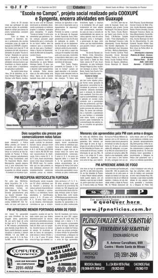 16                                           07 de Dezembro de 2012                             Cidades                                               Monte Santo de Minas - São Sebastião do Paraíso


                     “Escola no Campo”, projeto social realizado pela COOXUPÉ
                            e Syngenta, encerra atividades em Guaxupé
	        Cerca de 20 escolas        das na zona rural de Guaxupé,      terísticas da agricultura e tam-    fortemente ligado à natureza              	        Em 2012, além das es-        Patti (Passos), Escola Municipal
rurais que participam da ação       encerraram as atividades desta-    bém como é importante usar os       e os estudantes têm um papel              colas de Guaxupé, foram con-          Coronel Azarias de Melo (Pas-
que leva noções de sustentabi-      cando e premiando os melhores      equipamentos de segurança”,         fundamental em levar adiante              templadas pelo projeto: Escola        sos), Escola Municipal Joaquim
lidade no campo para alunos do      projetos e trabalhos realizados    afirma o aluno.                     este conhecimento, exercitan-             Municipal B. Três Barras (Carmo       Ribeiro Pereira (Areado), Escola
ensino fundamental, concluem        pelos estudantes. “O projeto       Presente no evento, a secretá-      do cada vez mais o conceito de            do Rio Claro), Escola Munici-         Municipal Francisco Bueno da
as atividades                       “Escola no Campo” é como uma       ria de Educação de Guaxupé,         sustentabilidade não apenas na            pal Santa Luzia (Carmo do Rio         Silva (Muzambinho), Escola Mu-
	        Entre os meses de          sementinha que plantamos. Es-      Andreia Aparecida Assis Palos,      cultura agrícola, mas em outras           Claro), E.M.Mariana Candido           nicipal do Moçambo (Muzambi-
novembro e dezembro, alu-           tas crianças possuem papel         parabenizou os mais de 20 anos      situações como a reciclagem,              d´avila – Prata (Alpinópolis), Es-    nho), Escola Municipal do Bom
nos e professores das escolas       fundamental para a construção      de realização do projeto. “A        a preservação da água, entre              cola Municipal Francisco Leite        Re tiro (Muzambinho), Es cola
municipais rurais da região de      de um futuro melhor, além de       questão do uso de equipamen-        outras, que são imprescindíveis           (Alpinópolis), Escola Municipal       Estadual Geraldo Ribeiro Dias
atuação da COOXUPÉ, coopera-        colaborar para a conscientiza-     tos de proteção, por exemplo, é     para garantir o futuro”, aponta o         São Geraldo (Alpinópolis), Es-        (Guaranésia) e Escola Municipal
tiva mineira com mais de 11 mil     ção de seus pais e familiares”,    cultural e ainda há uma resistên-   presidente.                               cola Municipal José Gonçalves         Bom Jesus da Penha (Bom Je-
produtores de café, encerram as     revela o Técnico de Desenvolvi-    cia. É aí que entra o papel das     Premiação                                 de Paula – Mutuca (Alpinópolis),      sus da Penha).
atividades do projeto “Escola no    mento de Mercado da Syngenta,      crianças em trabalhar essa ideia    	         Na escola Olympia Lei-          Escola Ernesto Cardoso Paiva                  Informações à imprensa
Campo”. Realizado em parceria       Luciano Souza.                     junto com seus pais, mostrando      te Ribeiro, Emily Clementino,             (Caconde), Escola Municipal            Phábrica de Ideias - Assesso-
com a Syngenta, a ação leva         	        Rendendo bons frutos,     a importância deles para a saú-     Mateus Nogueira, Mateus Hen-              Orlando Paulino da Costa (Al-                         ria de Imprensa
durante o ano para as escolas       a ação provocou novos co-          de e o bem estar de todos”, diz a   rique Santos e Tatiele da Silva           fenas), Escola Estadual Afonso              Ribeirão Preto - 16 3911
atividades extracurriculares que    nhecimentos ao aluno Mateus        secretária de Educação.             Calori, alunos do 5º ano, foram           Romão de Siqueira (Botelhos),                       3606 / 3235 3690
incentivam os futuros produto-      Henrique Santos, 12 anos, que      	         Para Carlos Paulino,      premiados. Já pela instituição            Escola Municipal Dr. Manoel                  Barretos - 17 3322 6772
res rurais sobre a importância      conquistou o primeiro lugar com    presidente da Cooxupé, o “Es-       Olímpia Felippe da Silva, recebe-
da agricultura sustentável.         o desenho sobre equipamentos       cola no Campo” cumpre um            ram destaque os alunos: Thalia
	        Na manhã desta terça-      de proteção. “Antes dessas         papel educativo e de conscien-      Bento, Sandy Faria Duarte, Cris-
-feira, 04 de dezembro, as es-      aulas eu não sabia plantar uma     tização muito relevante tanto na    tiano Roque e Gabriela Lopes.
colas Olímpia Felippe da Silva e    alface. Agora eu sei. Aprendi      instrução quanto na formação                Escola no Campo
Olympia Leite Ribeiro, localiza-    bastante coisa sobre as carac-     das crianças. “O futuro está        	         Criado em 1991, o pro-
                                                                                                           jeto tem como objetivo princi-
                                                                                                           pal formar novas gerações de
                                                                                                           agricultores conscientes da ne-
                                                                                                           cessidade de preservar o meio
                                                                                                           ambiente, utilizando tecnologia
                                                                                                           para a produção de alimentos
                                                                                                           mais saudáveis. Com foco prin-
                                                                                                           cipal na sustentabilidade, a ação
                                                                                                           é aplicada em escolas rurais,
                                                                                                           contando com a participação
                                                                                                           ativa dos professores, que inse-
                                                                                                           rem os conteúdos educativos na
                                                                                                           grade curricular das séries aten-
                                                                                                           didas. Os jovens são estimula-
                                                                                                           dos a transmitir o aprendizado
                                                                                                           às suas famílias e à sociedade
                                                                                                           onde vivem. Assim, o projeto
                                                                                                           assume papel fundamental na
                                                                                                           conscientização dos adultos so-                 Aluno mostra desenho sobre a importância do EPI
  Alunos durante o encerramento de atividades do projeto na escola Olympia Leite Ribeiro                   bre os conceitos de agricultura                       Equipamento de Proteção Individual
                                                                                                           sustentável.


                       Dois suspeitos são presos por                                                       Menores são apreendidos pela PM com arma e drogas
                       comercializarem notas falsas                                                      Por volta das 20h30min desta
                                                                                                         sexta-feira, 30, a Polícia Militar
                                                                                                                                                     No local os Policiais Militares de-
                                                                                                                                                     pararam com os 02 menores na
                                                                                                                                                                                           tucho intacto, além de 21 (vinte
                                                                                                                                                                                           e um) invólucros contendo coca-
	         Por volta das 02h15min    sença da viatura Policial tentou   inclusive na ocasião da abor-
                                                                                                         apreendeu dois menores por                  varanda e após busca pessoal foi      ína, pesando aproximadamente
deste sábado,01, a Polícia          evadir, contudo foi abordado.      dagem, foram reconhecidos
                                                                                                         porte ilegal de arma de fogo e              encontrado no bolso da calça do       20g (vinte gramas). O filho do co-
Militar prendeu um homem e          Durante busca pessoal foram        como sendo os indivíduos que,
                                                                                                         drogas em um sítio na Zona Rural            menor de 15 anos, um cartucho         merciante assumiu a propriedade
apreendeu um menor, ambos           encontrados com o condutor         horas antes, tentaram realizar
                                                                                                         de São Sebastião do Paraíso. Um             calibre.36, deflagrado, e no quar-    dos entorpecentes e alegou que
suspeitos de passarem notas         A. B. S., de 29 anos, R$ 200,00    compras e pagar com as re-
                                                                                                         comerciante de 56 anos, recebeu             to do filho do comerciante foi en-    pretendia vendê-los. Os menores
falsas no comércio de São Se-       reais e outros R$ 352,00 reais     feridas notas em outros dois
                                                                                                         informação de que seu filho, 16             contrado um cartucho calibre 36,      infratores foram apreendidos e
bastião do Paraíso. A Polícia       sem características de falsifi-    estabelecimentos comerciais.
                                                                                                         anos, e um amigo de 15 anos,                intacto e uma espingarda, calibre     encaminhados a Delegacia de
Militar realizava patrulhamento     cação. Com o menor W. S . Q.       O autor A. B. S. foi preso em
                                                                                                         estariam lhe esperando, com                 .36, sem marca e sem número           Polícia Civil juntamente com a
pela Praça Comendador João          de 17 anos, foram encontradas      flagrante delito e o menor W.
                                                                                                         uma arma de fogo, para matá-lo.             de série, carregada com um car-       arma e os materiais apreendidos.
Pio Figueiredo Westin, Bairro       outras notas falsas totalizando    S. Q. foi apreendido, sendo
Mocoquinha, quando deparou          R$ 200,00 reais. Foi consta-       ambos encaminhados até a
com a uma motocicleta Hon-          tado que em data pretérita os      delegacia de Polícia Civil junta-                             PM APREENDE ARMA DE FOGO
da/CG 150 cor preta com dois        dois indivíduos estiveram em       mente o dinheiro apreendido. A Uma arma de fogo foi apreendida                que no momento que transitava pela    o local e localizaram uma arma de
ocupantes em atitude suspeita       estabelecimentos comerciais        motocicleta apreendida e enca- pela PM, na noite desta terça-feira,           rodovia MG - 050, viu quando uma      fogo, tipo cartucheira, calibre .24,
. O condutor ao visualizar a pre-   tentando passar as cédulas,        minhada ao pátio credenciado. 04, em São Sebastião do Paraíso.                motocicleta de cor preta parou as     cabo de madeira, sem numeração
                                                                                                           A viatura Policial realizava patrulha-    margens da rodovia e um rapaz saiu    de série, marca Amadeo Rossi, des-
             PM RECUPERA MOTOCICLETA FURTADA                                                               mento quando deparou com um               correndo do meio de um milharal ali   municiada, a qual estava escondida
Por volta das 16h20min,             identificação, sendo ocupada       cleta pertencia a P. S. F. S.,      indivíduo, o qual não quis se identifi-   existente, e deslocou em alta velo-   debaixo de uma pequena árvore.
desta terça-feira, 04, a Po-        por 02 (dois) indivíduos que       30 anos, produtor rural, que        car, porém queria fazer uma denún-        cidade sentido a cidade de Passos/    Arma apreendida e encaminha-
lícia Militar recuperou uma         ao notarem a presença da           no decorrer da ocorrência fez       cia. O mesmo relatou aos Policiais        MG. Os Policiais deslocaram até       da a Delegacia de Polícia Civil.
motocicleta     furtada  em         viatura policial empreenderam      contato via 190 alegando que
São Sebastião do Paraíso.           fuga. Foi realizado o rastrea-     sua motocicleta havia sido fur-
Durante patrulhamento pela          mento e os indivíduos foram        tada minutos antes na fazen-
rua Doutor Salvador Grau,           abordados e identificados          da Monte Belo, onde reside.
Bairro CENTRO, a guarnição          como L. A. S. , 25 anos, e K.      A PM efetuou a prisão dos auto-
PM deparou com uma moto-            R. C., 18 anos. Após consul-       res em flagrante delito e a mo-
cicleta HONDA/XR 250 Tor-           ta no Sistema informatizado        tocicleta foi apreendida e re-
nado, cor azul, sem placa de        constatou-se que a motoci-         movida ao pátio credenciado.


  PM APREENDE MENOR PORTANDO ARMA DE FOGO
Um menor foi apreendido             ocupantes, ocasião em que foi      libre.32, inoxidado, sem marca,
por volta 01h40min da ma-           dada ordem para que ambos          número de série 297, capaci-
drugada desta quinta-feira,         desembarcassem do veículo,         dade para 06 (seis) tiros. Em
06, por porte ilegal de arma        onde foram submetidos a busca      diálogo com o menor J. C. N.
de fogo em S. S. do Paraíso.        pessoal, não sendo encontrado      J., este assumiu a propriedade
A PM realizava patrulhamento        nada de ilícito com os suspei-     da arma de fogo, dizendo que
pela Avenida Jorge Abrão Dib.,      tos. Durante buscas no interior    a adquiriu na cidade de Franca/
Bairro Jardim Itamarati, quando     do veículo, foi localizado ao      SP, para sua própria proteção.
visualizou e abordou o veículo      lado do banco do passageiro,       O menor infrator foi apreendido
VW/GOL 1.0, ano 2009, cor           onde estava o menor infrator J.    e encaminhado a Delegacia de
preta, placa de S. S. do Para-      C. N. J. de 17 anos, 01 (uma)      Polícia Civil juntamente com
íso/MG, onde estavam dois           arma de fogo, tipo revólver, ca-   a arma de fogo apreendida.
                                                                                                                                                      R. Antenor Carvalhaes, 699
                                                                                                                                                     Centro / Monte Santo de Minas
 