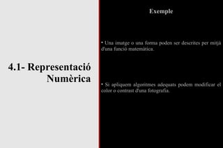 4.1- Representació Numèrica Exemple Una imatge o una forma poden ser descrites per mitjà d'una funció matemàtica. Si apliquem algoritmes adequats podem modificar el color o contrast d'una fotografia. 