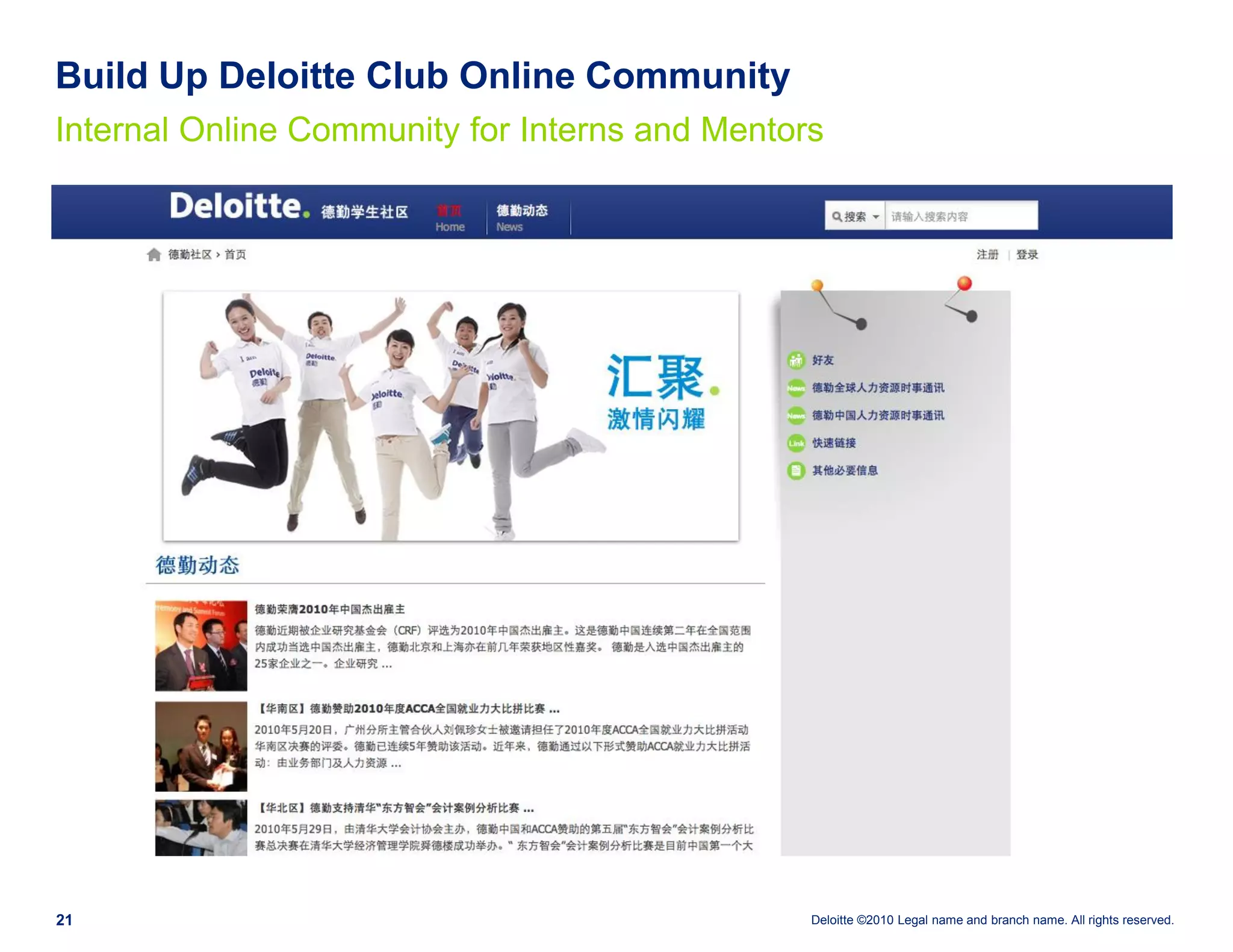 Build Up Deloitte Club Online Community
Internal Online Community for Interns and Mentors




21                                              Deloitte ©2010 Legal name and branch name. All rights reserved.
 