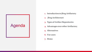 1. Introduction to Jfrog Artifactory
2. Jfrog Architecture
3. Types of Artifact Repositories
4. Advantages over other Artifactory
5. Alternatives
6. Use cases
7. Demo
 