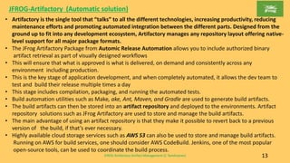 JFROG Artifactory-Artifact Management (C Tamilmaran) 13
JFROG-Artifactory (Automatic solution)
• Artifactory is the single tool that “talks” to all the different technologies, increasing productivity, reducing
maintenance efforts and promoting automated integration between the different parts. Designed from the
ground up to fit into any development ecosystem, Artifactory manages any repository layout offering native-
level support for all major package formats.
• The JFrog Artifactory Package from Automic Release Automation allows you to include authorized binary
artifact retrieval as part of visually designed workflows
• This will ensure that what is approved is what is delivered, on demand and consistently across any
environment including production.
• This is the key stage of application development, and when completely automated, it allows the dev team to
test and build their release multiple times a day
• This stage includes compilation, packaging, and running the automated tests.
• Build automation utilities such as Make, ake, Ant, Maven, and Gradle are used to generate build artifacts.
• The build artifacts can then be stored into an artifact repository and deployed to the environments. Artifact
repository solutions such as JFrog Artifactory are used to store and manage the build artifacts.
• The main advantage of using an artifact repository is that they make it possible to revert back to a previous
version of the build, if that’s ever necessary.
• Highly available cloud storage services such as AWS S3 can also be used to store and manage build artifacts.
Running on AWS for build services, one should consider AWS CodeBuild. Jenkins, one of the most popular
open-source tools, can be used to coordinate the build process.
 