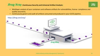 JFROG Artifactory-Artifact Management (C Tamilmaran) 16
Jfrog-XRay
Jfrog-Xray (Continuous Security and Universal Artifact Analysis)
• Multilayer analysis of your containers and software artifacts for vulnerabilities, license compliance and
quality assurance,
• Continuously govern and audit all artifacts consumed and produced in your CI/CD pipeline.
https://jfrog.com/xray/
 