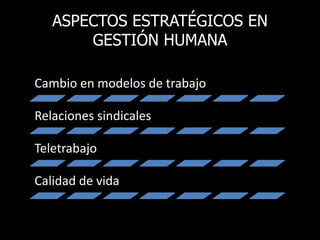 ASPECTOS ESTRATÉGICOS EN
GESTIÓN HUMANA
Cambio en modelos de trabajo
Relaciones sindicales
Teletrabajo
Calidad de vida
 