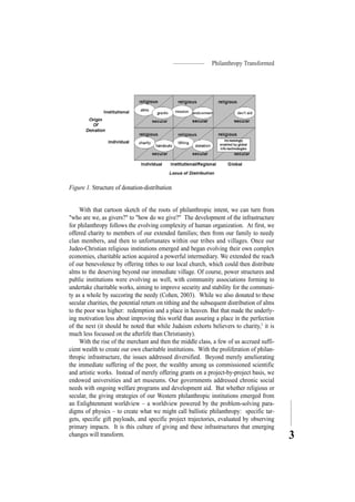 Philanthropy Transformed
3
With that cartoon sketch of the roots of philanthropic intent, we can turn from
"who are we, as givers?" to "how do we give?" The development of the infrastructure
for philanthropy follows the evolving complexity of human organization. At first, we
offered charity to members of our extended families; then from our family to needy
clan members, and then to unfortunates within our tribes and villages. Once our
Judeo-Christian religious institutions emerged and began evolving their own complex
economies, charitable action acquired a powerful intermediary. We extended the reach
of our benevolence by offering tithes to our local church, which could then distribute
alms to the deserving beyond our immediate village. Of course, power structures and
public institutions were evolving as well, with community associations forming to
undertake charitable works, aiming to improve security and stability for the communi-
ty as a whole by succoring the needy (Cohen, 2003). While we also donated to these
secular charities, the potential return on tithing and the subsequent distribution of alms
to the poor was higher: redemption and a place in heaven. But that made the underly-
ing motivation less about improving this world than assuring a place in the perfection
of the next (it should be noted that while Judaism exhorts believers to charity,2
it is
much less focussed on the afterlife than Christianity).
With the rise of the merchant and then the middle class, a few of us accrued suffi-
cient wealth to create our own charitable institutions. With the proliferation of philan-
thropic infrastructure, the issues addressed diversified. Beyond merely ameliorating
the immediate suffering of the poor, the wealthy among us commissioned scientific
and artistic works. Instead of merely offering grants on a project-by-project basis, we
endowed universities and art museums. Our governments addressed chronic social
needs with ongoing welfare programs and development aid. But whether religious or
secular, the giving strategies of our Western philanthropic institutions emerged from
an Enlightenment worldview – a worldview powered by the problem-solving para-
digms of physics – to create what we might call ballistic philanthropy: specific tar-
gets, specific gift payloads, and specific project trajectories, evaluated by observing
primary impacts. It is this culture of giving and these infrastructures that emerging
changes will transform.
Figure 1. Structure of donation-distribution
 