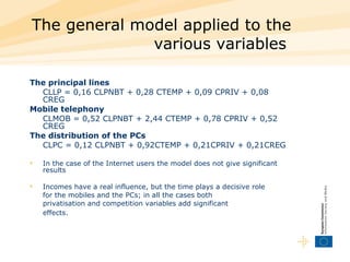 The general model applied to the various variables   The principal lines  CLLP = 0,16 CLPNBT + 0,28 CTEMP + 0,09 CPRIV + 0,08 CREG  Mobile telephony  CLMOB = 0,52 CLPNBT + 2,44 CTEMP + 0,78 CPRIV + 0,52 CREG  The distribution of the PCs  CLPC = 0,12 CLPNBT + 0,92CTEMP + 0,21CPRIV + 0,21CREG  In the case of the Internet users the model does not give significant results  Incomes have a real influence, but the time plays a decisive role for the mobiles and the PCs; in all the cases both privatisation and competition variables add significant effects.   