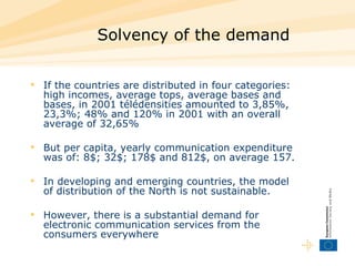 Solvency of the demand  If the countries are distributed in four categories: high incomes, average tops, average bases and bases, in 2001 télédensities amounted to 3,85%, 23,3%; 48% and 120% in 2001 with an overall average of 32,65%  But per capita, yearly communication expenditure was of: 8$; 32$; 178$ and 812$, on average 157.  In developing and emerging countries, the model of distribution of the North is not sustainable.  However, there is a substantial demand for electronic communication services from the consumers everywhere 