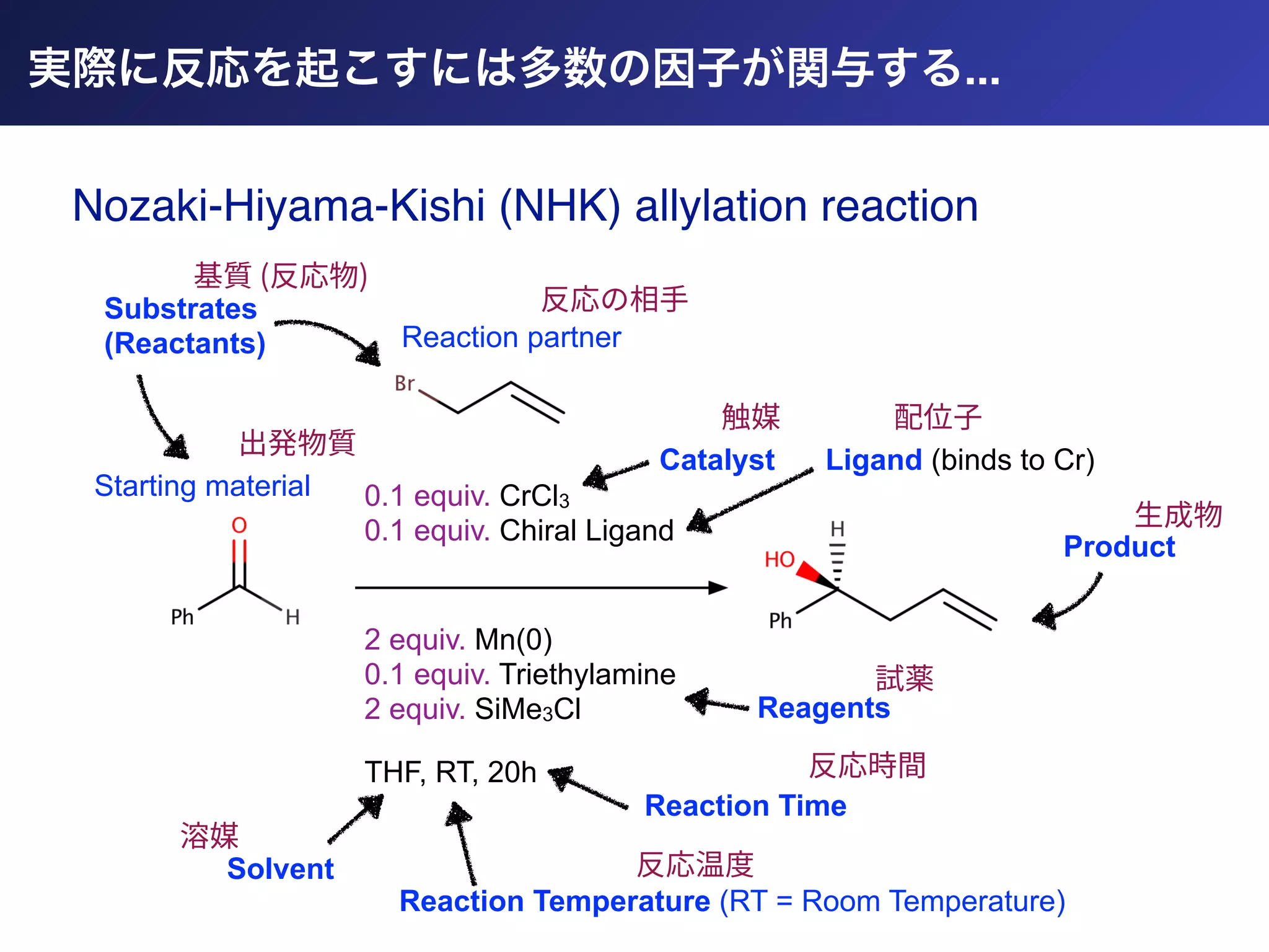 ...
0.1 equiv. CrCl3
0.1 equiv. Chiral Ligand
Nozaki-Hiyama-Kishi (NHK) allylation reaction
Substrates
(Reactants)
Product
THF, RT, 20h
Catalyst Ligand (binds to Cr)
Reagents
Solvent
Reaction Temperature (RT = Room Temperature)
Reaction Time
Starting material
基質 (反応物)
出発物質
触媒 配位⼦
⽣成物
試薬
反応時間
反応温度
溶媒
2 equiv. Mn(0)
0.1 equiv. Triethylamine
2 equiv. SiMe3Cl
Reaction partner
反応の相⼿
 