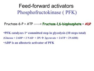 Feed-forward activators 
Phosphofructokinase ( PFK) 
Fructose-6-P + ATP -----> FFrruuccttoossee--11,,66--bbiisspphhoosspphhaattee + AADDPP 
•PFK catalyzes 1st committed step in glycolysis (10 steps total) 
(Glucose + 2ADP + 2 NAD+ + 2Pi  2pyruvate + 2ATP + 2NADH) 
•ADP is an allosteric activator of PFK 
 