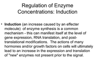 Regulation of Enzyme 
Concentrations: Induction 
• Induction (an increase caused by an effecter 
molecule) of enzyme synthesis is a common 
mechanism - this can manifest itself at the level of 
gene expression, RNA translation, and post-translational 
modifications. The actions of many 
hormones and/or growth factors on cells will ultimately 
lead to an increase in the expression and translation 
of "new" enzymes not present prior to the signal. 
 