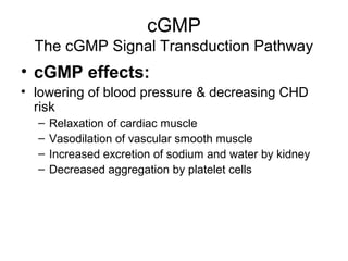 cGMP 
The cGMP Signal Transduction Pathway 
• cGMP effects: 
• lowering of blood pressure & decreasing CHD 
risk 
– Relaxation of cardiac muscle 
– Vasodilation of vascular smooth muscle 
– Increased excretion of sodium and water by kidney 
– Decreased aggregation by platelet cells 
 