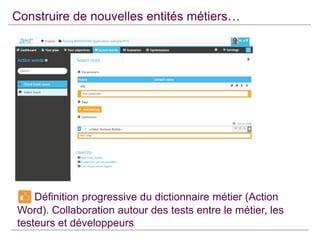 Construire de nouvelles entités métiers…

Définition progressive du dictionnaire métier (Action
Word). Collaboration autour des tests entre le métier, les
testeurs et développeurs

 