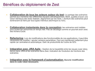Bénéfices du déploiement de Zest


Collaboration de tous les acteurs autour du test: Le partage des scénarios



Collaboration instantanée dans la conception: les scénarios sont visibles

permet aux membres des différentes équipes (développement, MOA, qualité) d’avoir une
vision identique des tests réalisés: alignement par les tests. L’écriture des scénarios peut
dorénavant se faire par tous types individus (technique ou non).

pour toutes les personnes en temps réel. Pas de décalage comme on pourrait avoir avec
des fichiers Excel.


Refactoring: Lors de modifications des fonctionnalités de nos applications, il peut être
nécessaire de modifier / ajouter certains paramètres. Ceci est maintenant nettement plus
rapide car centralisé et automatique. Gain de producitvité de l’ordre de 50%



Intégration avec JIRA Agile : Gestion de la traçabilité entre les issues (user story,



Intégration avec le framework d’automatisation: Aucune modification

tâche) dans JIRA et les scénarios dans Zest. Indication de l’évolution de l’écriture des
scénarios

dans le code robot nécessaire.

 