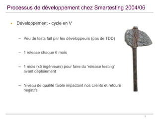 Processus de développement chez Smartesting 2004/06


Développement - cycle en V
– Peu de tests fait par les développeurs (pas de TDD)
– 1 release chaque 6 mois
– 1 mois (x5 ingénieurs) pour faire du ‘release testing’
avant déploiement
– Niveau de qualité faible impactant nos clients et retours
négatifs

5

 