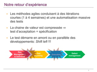 Notre retour d’expérience


Les méthodes agiles conduisent à des itérations
courtes (1 à 4 semaines) et une automatisation massive
des tests



La chaine de valeur est compressée ⇒
test d’acceptation = spécification



Le test démarre en amont ou en parallèle des
développements: Shift left !!!

Req
Management
& Definition

Test
Planning

Execution

Defect
management

8

 