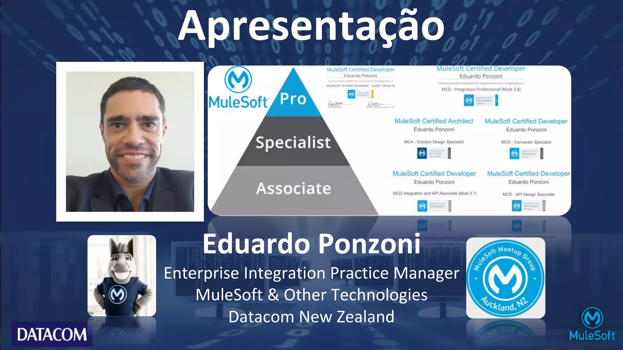 Apresentação
Eduardo Ponzoni
Enterprise Integration Practice Manager
MuleSoft & Other Technologies
Datacom New Zealand
 