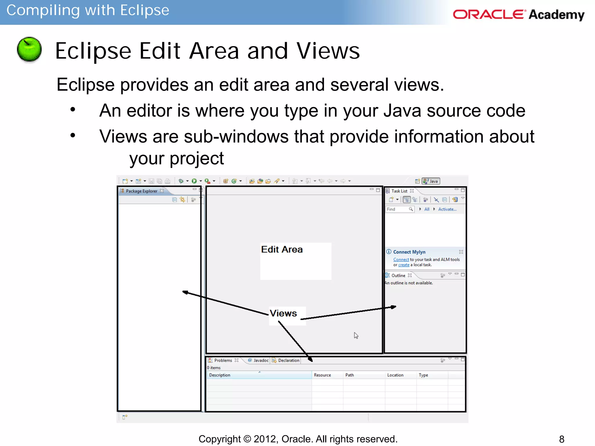 Compiling with Eclipse

Eclipse Edit Area and Views
Eclipse provides an edit area and several views.
• An editor is where you type in your Java source code
• Views are sub-windows that provide information about
your project

Copyright © 2012, Oracle. All rights reserved.

8

 