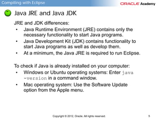Compiling with Eclipse

Java JRE and Java JDK
JRE and JDK differences:
• Java Runtime Environment (JRE) contains only the
necessary functionality to start Java programs.
• Java Development Kit (JDK) contains functionality to
start Java programs as well as develop them.
• At a minimum, the Java JRE is required to run Eclipse.
To check if Java is already installed on your computer:
• Windows or Ubuntu operating systems: Enter java
-version in a command window.
• Mac operating system: Use the Software Update
option from the Apple menu.

Copyright © 2012, Oracle. All rights reserved.

5

 