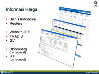 www.jfx.co.id@infoJFX
Informasi Harga
• Bisnis Indonesia
• Reuters
• Website JFX
• TRADIS
• GV
• Bloomberg
(on request)
• RTI
(on request)
 