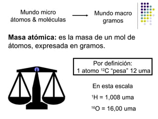 Por definición: 1 atomo  12 C “pesa” 12 uma En esta escala 1 H = 1,008 uma 16 O = 16,00 uma Masa atómica:  es la masa de un mol de átomos, expresada en gramos. Mundo micro átomos & moléculas Mundo macro gramos 
