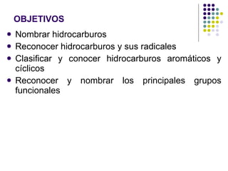 OBJETIVOS Nombrar hidrocarburos Reconocer hidrocarburos y sus radicales Clasificar y conocer hidrocarburos aromáticos y cíclicos Reconocer y nombrar los principales grupos funcionales 