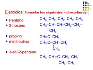 CH 3 –CH 2 –CH 2 –CH 2 –CH 3 CH 3 –CH=CH–CH 2 –CH 2 –  CH 3 CH  C–CH 3 CH  C–CH   – CH 3   |   CH 3 CH 3 –CH   =C–CH 2 –CH 3   |     CH 2 –CH 3 Ejercicios :   Formular los siguientes hidrocarburos: Pentano 2-hexeno propino metil-butino 3-etil-2-penteno 