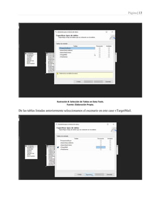 Página | 13
Ilustración 8: Selección de Tablas en Data Tools.
Fuente: Elaboración Propia.
De las tablas listadas anteriormente seleccionamos el escenario en este caso vTargetMail.
 