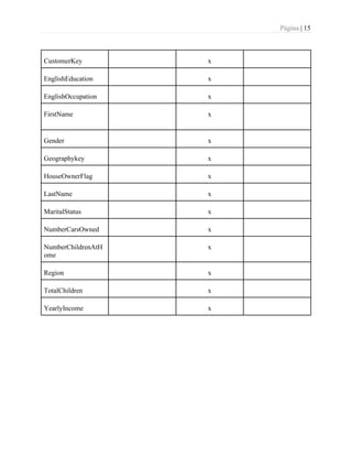 Página | 15
CustomerKey x
EnglishEducation x
EnglishOccupation x
FirstName x
Gender x
Geographykey x
HouseOwnerFlag x
LastName x
MaritalStatus x
NumberCarsOwned x
NumberChildrenAtH
ome
x
Region x
TotalChildren x
YearlyIncome x
 