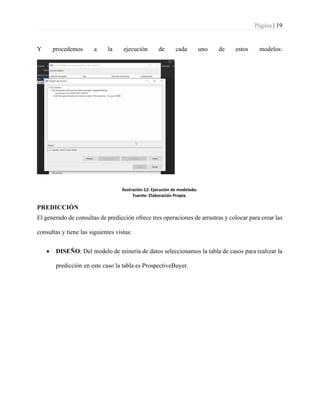 Página | 19
Y procedemos a la ejecución de cada uno de estos modelos:
Ilustración 12: Ejecución de modelado.
Fuente: Elaboración Propia.
PREDICCIÓN
El generado de consultas de predicción ofrece tres operaciones de arrastras y colocar para crear las
consultas y tiene las siguientes vistas:
• DISEÑO: Del modelo de minería de datos seleccionamos la tabla de casos para realizar la
predicción en este caso la tabla es ProspectiveBuyer.
 