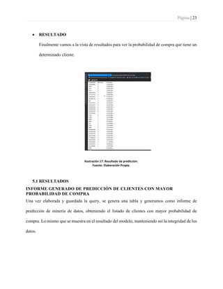 Página | 23
• RESULTADO
Finalmente vamos a la vista de resultados para ver la probabilidad de compra que tiene un
determinado cliente.
Ilustración 17: Resultado de predicción.
Fuente: Elaboración Propia.
5.1 RESULTADOS
INFORME GENERADO DE PREDICCIÓN DE CLIENTES CON MAYOR
PROBABILIDAD DE COMPRA
Una vez elaborada y guardada la query, se genera una tabla y generamos como informe de
predicción de minería de datos, obteniendo el listado de clientes con mayor probabilidad de
compra. Lo mismo que se muestra en el resultado del modelo, manteniendo así la integridad de los
datos.
 