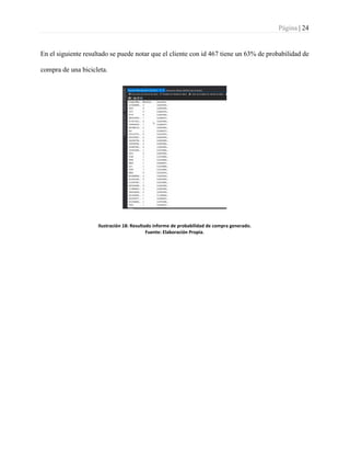 Página | 24
En el siguiente resultado se puede notar que el cliente con id 467 tiene un 63% de probabilidad de
compra de una bicicleta.
Ilustración 18: Resultado informe de probabilidad de compra generado.
Fuente: Elaboración Propia.
 