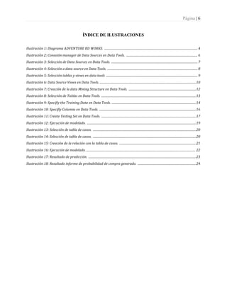 Página | 6
ÍNDICE DE ILUSTRACIONES
Ilustración 1: Diagrama ADVENTURE BD WORKS. ........................................................................................................................... 4
Ilustración 2: Conexión manager de Data Sources en Data Tools. .............................................................................................. 6
Ilustración 3: Selección de Data Sources en Data Tools. .................................................................................................................. 7
Ilustración 4: Selección a data source en Data Tools. ....................................................................................................................... 8
Ilustración 5: Selección tablas y views en data tools ......................................................................................................................... 9
Ilustración 6: Data Source Views en Data Tools. ...............................................................................................................................10
Ilustración 7: Creación de la data Mining Structure en Data Tools. .........................................................................................12
Ilustración 8: Selección de Tablas en Data Tools. .............................................................................................................................13
Ilustración 9: Specifiy the Training Data en Data Tools. ...............................................................................................................14
Ilustración 10: Specifiy Columns en Data Tools. ................................................................................................................................16
Ilustración 11: Create Testing Set en Data Tools. .............................................................................................................................17
Ilustración 12: Ejecución de modelado. ................................................................................................................................................19
Ilustración 13: Selección de tabla de casos. ........................................................................................................................................20
Ilustración 14: Selección de tabla de casos. ........................................................................................................................................20
Ilustración 15: Creación de la relación con la tabla de casos. .....................................................................................................21
Ilustración 16: Ejecución de modelado. ................................................................................................................................................ 22
Ilustración 17: Resultado de predicción. ..............................................................................................................................................23
Ilustración 18: Resultado informe de probabilidad de compra generado. .............................................................................24
 