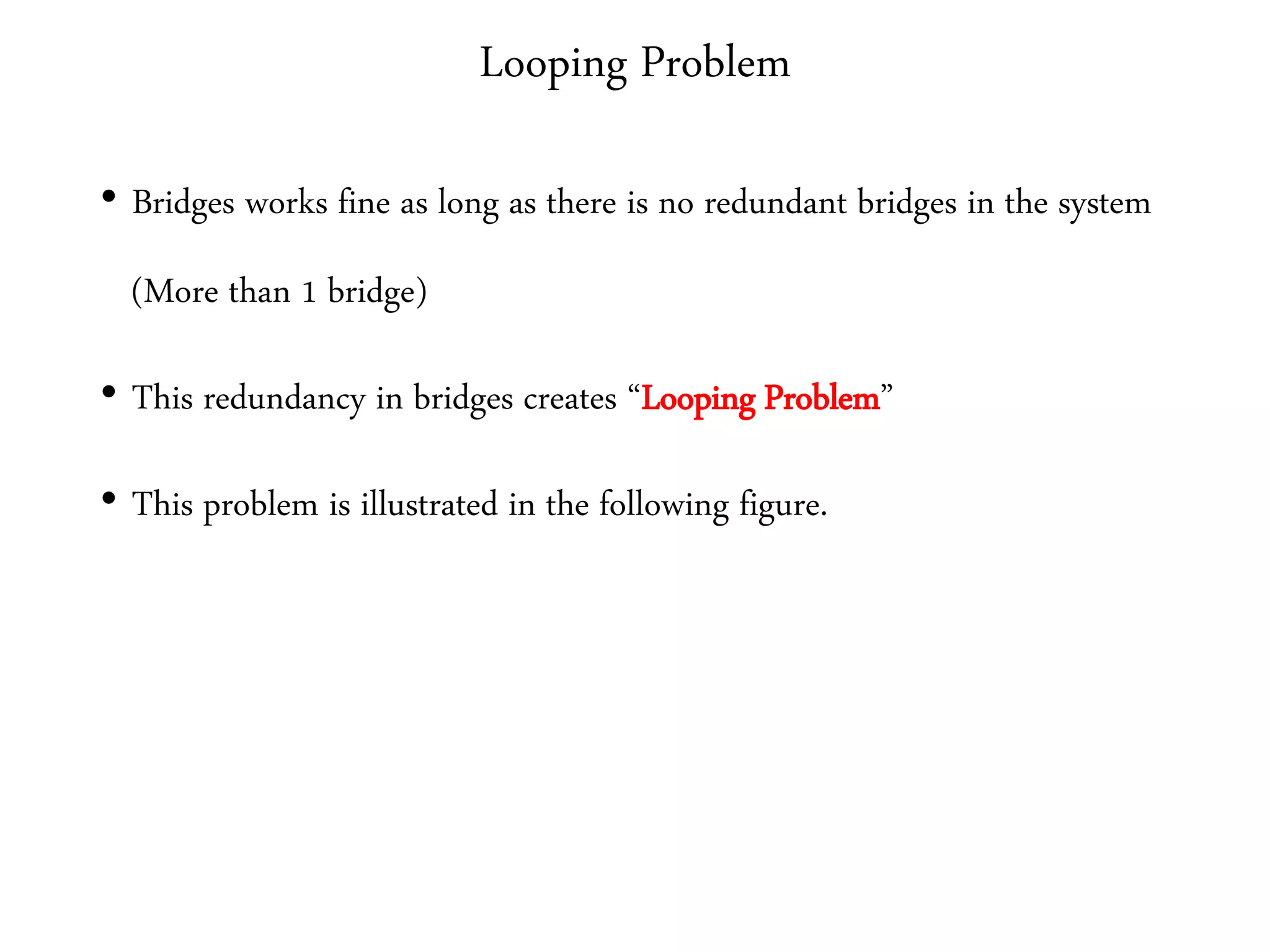 Looping Problem
• Bridges works fine as long as there is no redundant bridges in the system
(More than 1 bridge)
• This redundancy in bridges creates “Looping Problem”
• This problem is illustrated in the following figure.
 