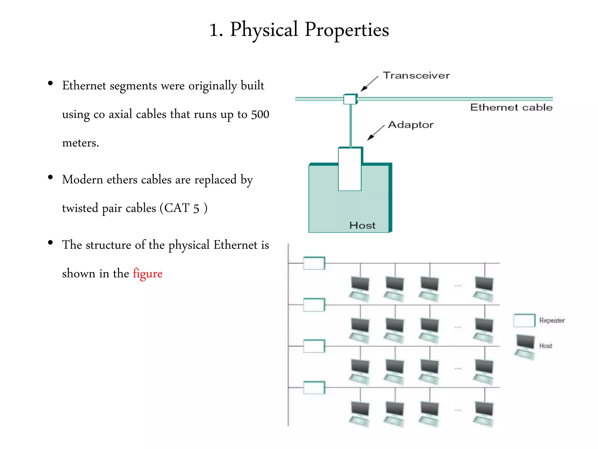 1. Physical Properties
• Ethernet segments were originally built
using co axial cables that runs up to 500
meters.
• Modern ethers cables are replaced by
twisted pair cables (CAT 5 )
• The structure of the physical Ethernet is
shown in the figure
 