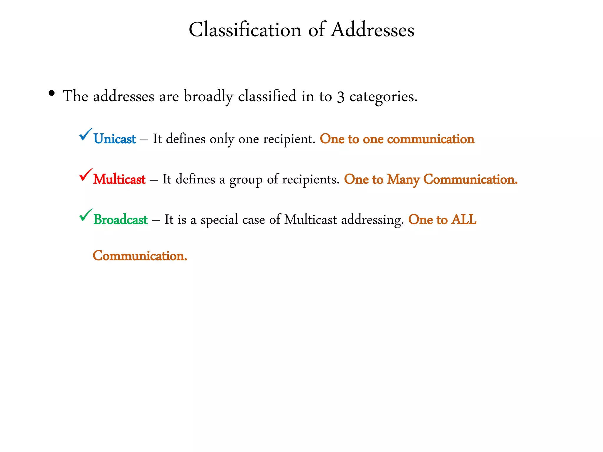 Classification of Addresses
• The addresses are broadly classified in to 3 categories.
Unicast – It defines only one recipient. One to one communication
Multicast – It defines a group of recipients. One to Many Communication.
Broadcast – It is a special case of Multicast addressing. One to ALL
Communication.
 