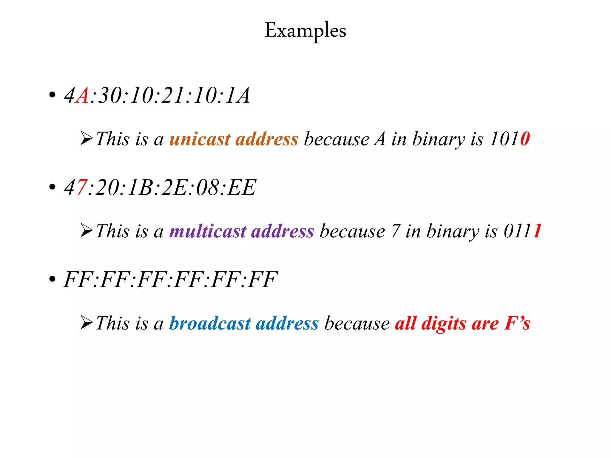 Examples
• 4A:30:10:21:10:1A
This is a unicast address because A in binary is 1010
• 47:20:1B:2E:08:EE
This is a multicast address because 7 in binary is 0111
• FF:FF:FF:FF:FF:FF
This is a broadcast address because all digits are F’s
 