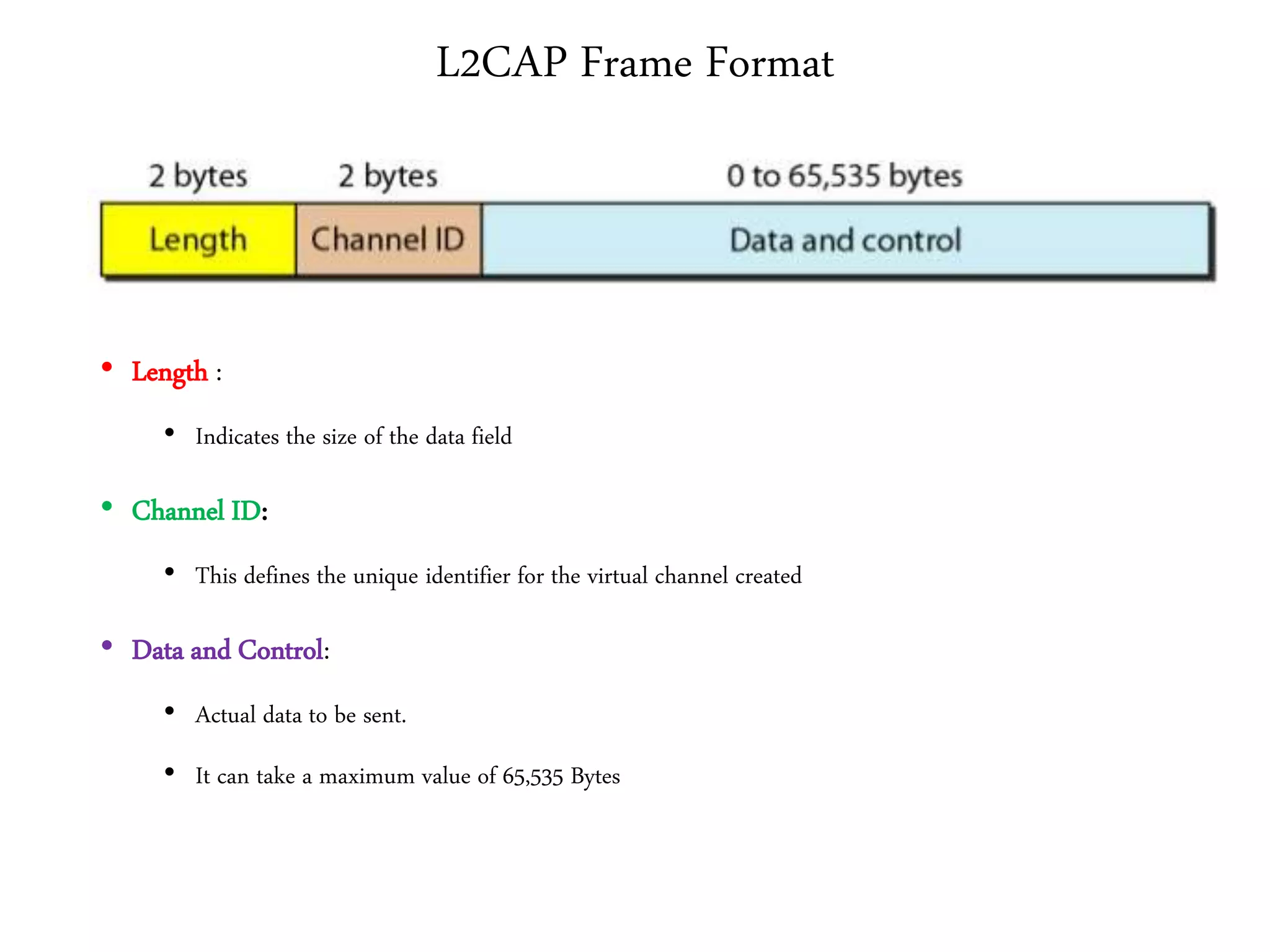 L2CAP Frame Format
• Length :
• Indicates the size of the data field
• Channel ID:
• This defines the unique identifier for the virtual channel created
• Data and Control:
• Actual data to be sent.
• It can take a maximum value of 65,535 Bytes
 