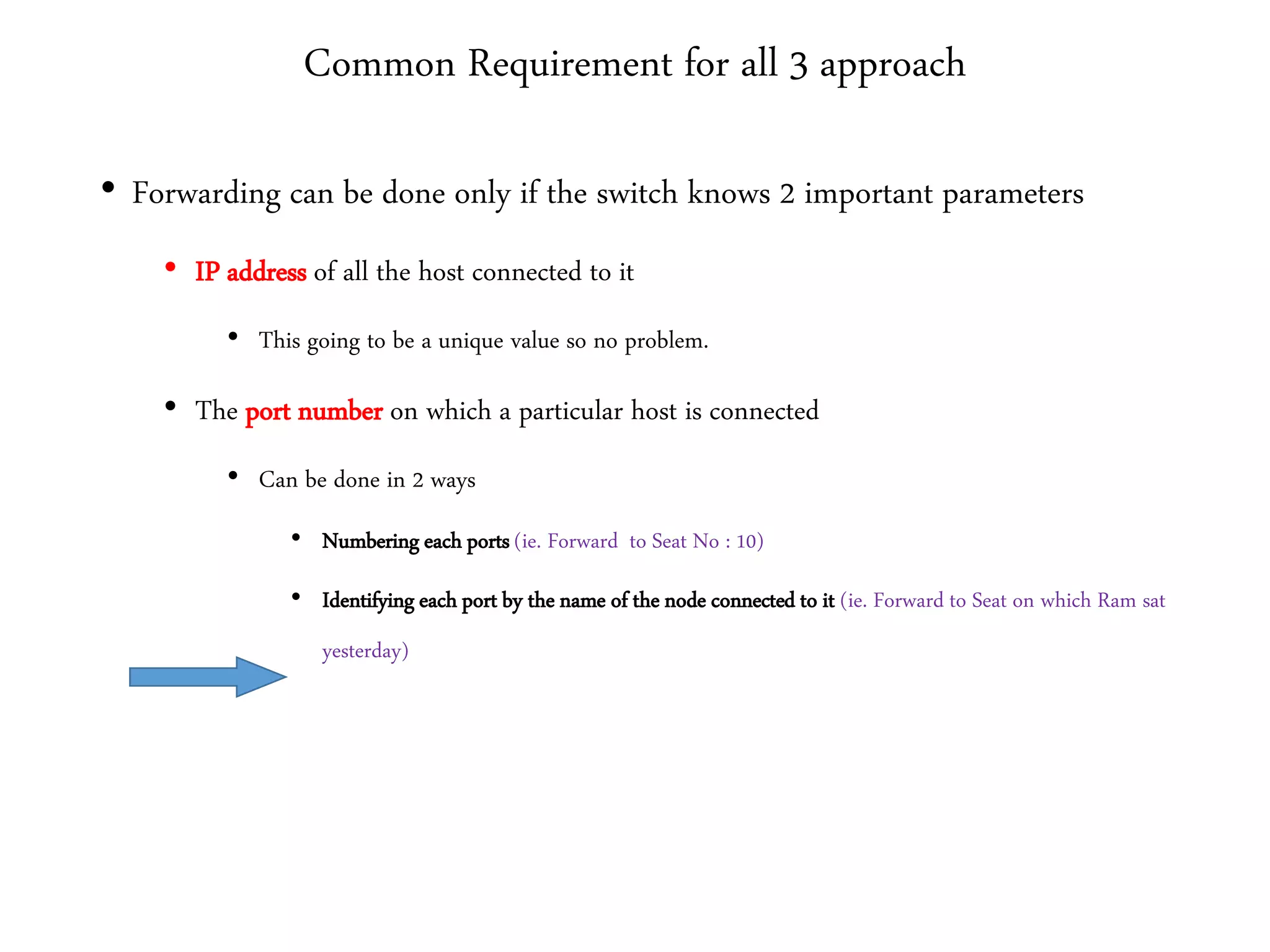 Common Requirement for all 3 approach
• Forwarding can be done only if the switch knows 2 important parameters
• IP address of all the host connected to it
• This going to be a unique value so no problem.
• The port number on which a particular host is connected
• Can be done in 2 ways
• Numbering each ports (ie. Forward to Seat No : 10)
• Identifying each port by the name of the node connected to it (ie. Forward to Seat on which Ram sat
yesterday)
 