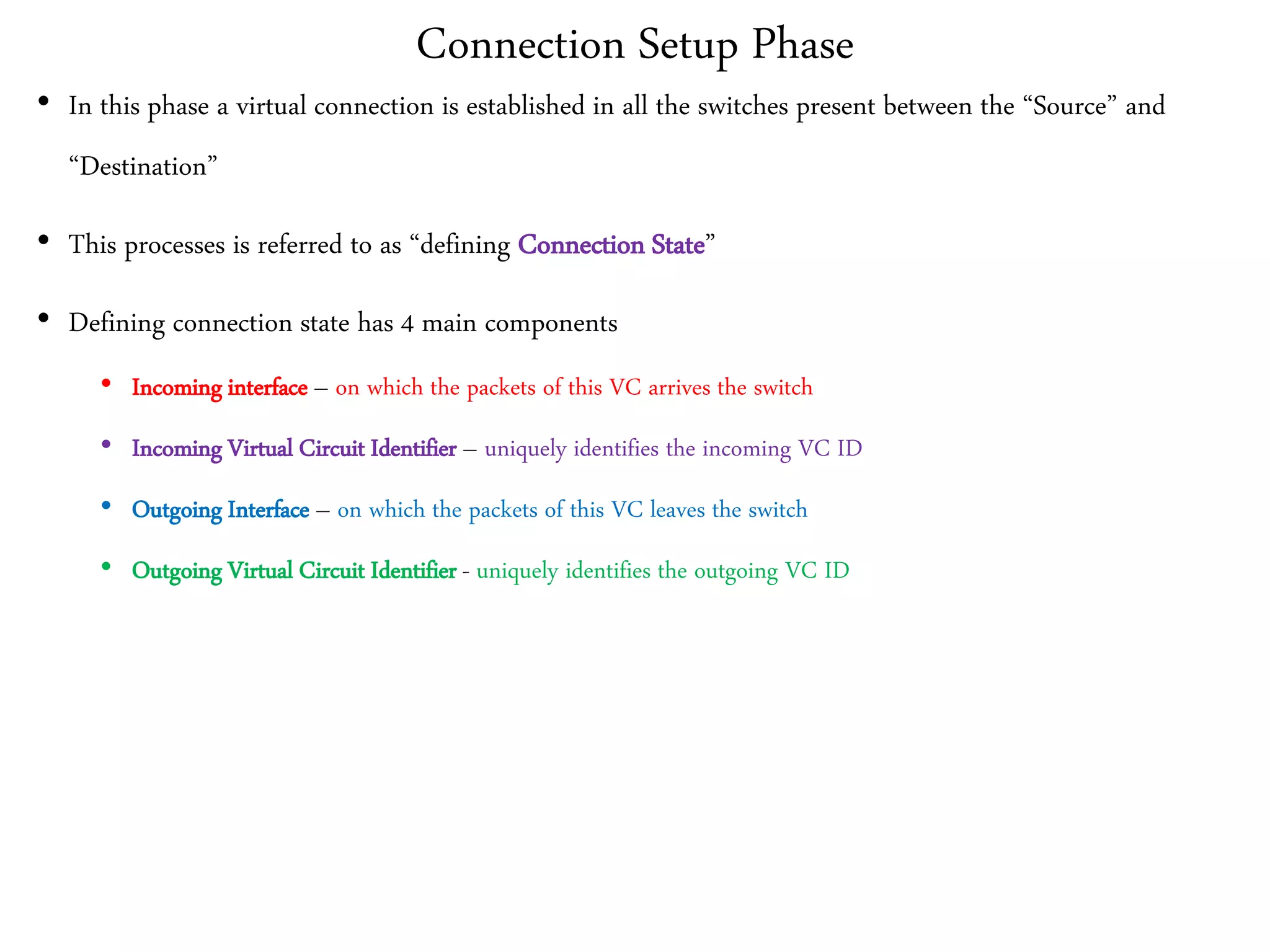 Connection Setup Phase
• In this phase a virtual connection is established in all the switches present between the “Source” and
“Destination”
• This processes is referred to as “defining Connection State”
• Defining connection state has 4 main components
• Incoming interface – on which the packets of this VC arrives the switch
• Incoming Virtual Circuit Identifier – uniquely identifies the incoming VC ID
• Outgoing Interface – on which the packets of this VC leaves the switch
• Outgoing Virtual Circuit Identifier - uniquely identifies the outgoing VC ID
 