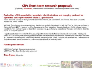 Cacao for Peace Activities for Tackling the Cadmium in Cacao Issue    in Colombia