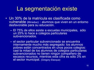 La segmentación existe
• Un 30% de la matrícula es clasificada como
  vulnerable (Mineduc) : alumnos que viven en un entorno
  desfavorable para su educación.
   – El 75% de ellos asiste a escuelas municipales, sólo
     un 25% lo hace a colegios particulares
     subvencionados.
   – el sector particular subvencionado se encuentra
     internamente mucho más segregado: los alumnos
     pobres están concentrados en unos pocos colegios:
     casi la mitad de los alumnos de colegios particulares
     subvencionados no tienen ningún compañero de
     escasos recursos, mientras esta cifra es sólo 3% en
     el sector municipal. (Gregory Elacqua)
                                                           10
 
