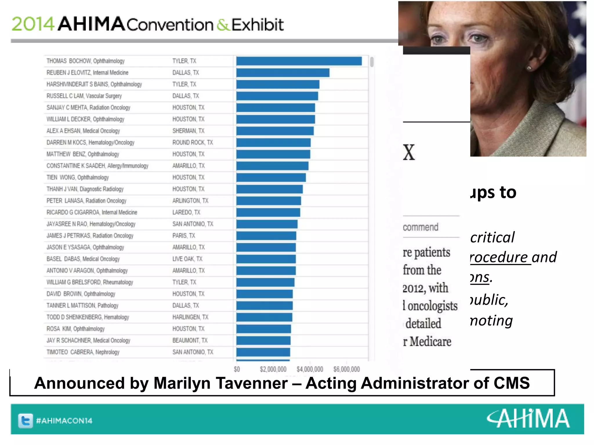 “Feds to Allow Use of Medicare Data 
To Rate Doctors” – USA Today 12/5/11 
The federal government announced 
that Medicare will now allow use of its 
extensive medical claims database by 
employers, insurance companies and consumer groups to 
produce report cards on local doctors and hospitals. 
…By analyzing masses of billing records, experts can glean such critical 
information as how often a doctor has performed a particular procedure and 
get a general sense of problems such as preventable complications. 
Compiled in an easily understood format and released to the public, 
medical report cards could become a very powerful tool for promoting 
quality care and reducing waste… 
Announced by Marilyn Tavenner – Acting Administrator of CMS 
 