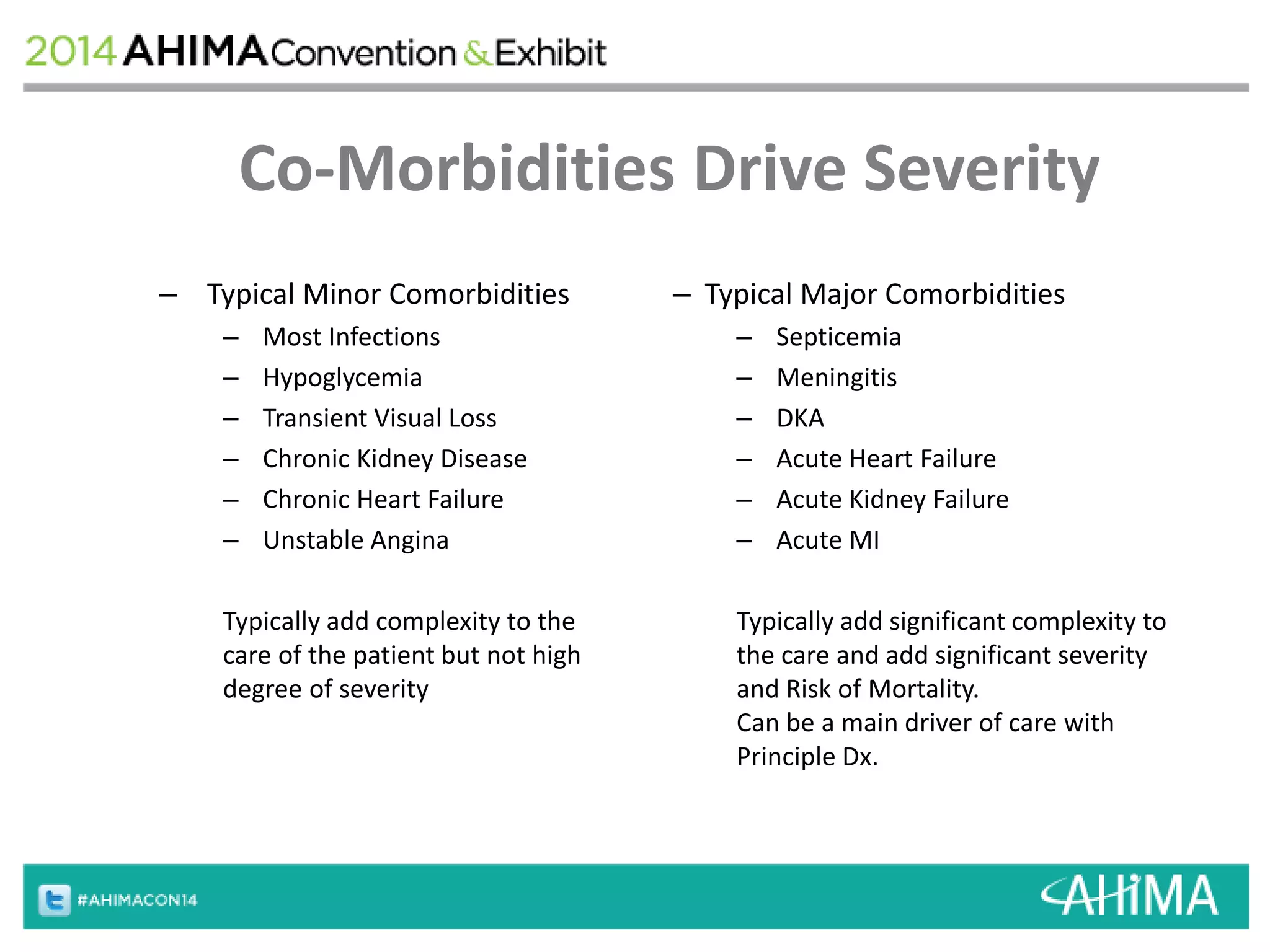 Co-Morbidities Drive Severity 
– Typical Minor Comorbidities 
– Most Infections 
– Hypoglycemia 
– Transient Visual Loss 
– Chronic Kidney Disease 
– Chronic Heart Failure 
– Unstable Angina 
Typically add complexity to the 
care of the patient but not high 
degree of severity 
– Typical Major Comorbidities 
– Septicemia 
– Meningitis 
– DKA 
– Acute Heart Failure 
– Acute Kidney Failure 
– Acute MI 
Typically add significant complexity to 
the care and add significant severity 
and Risk of Mortality. 
Can be a main driver of care with 
Principle Dx. 
 