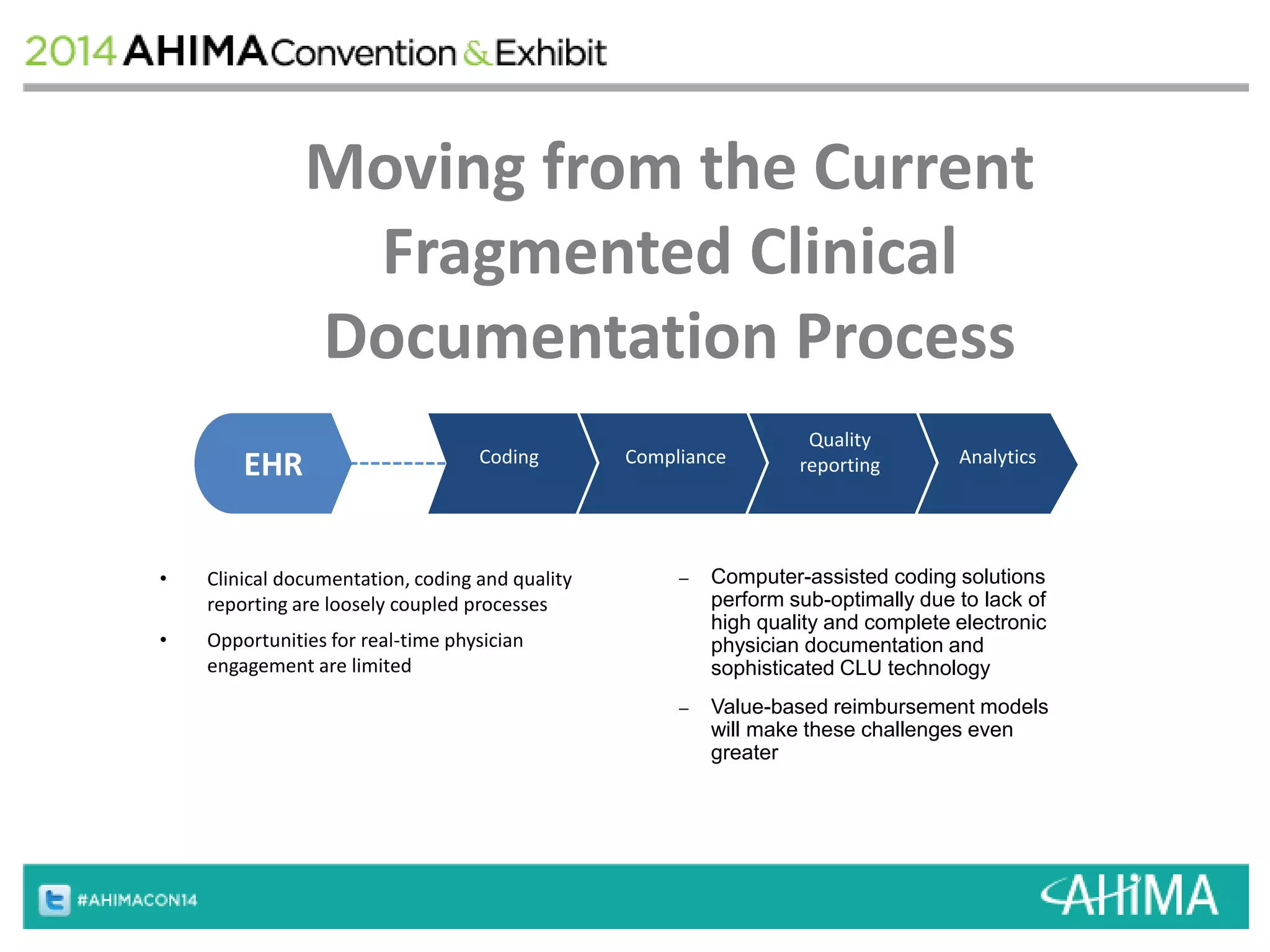 Moving from the Current 
Fragmented Clinical 
Documentation Process 
EHR Compliance 
• Clinical documentation, coding and quality 
reporting are loosely coupled processes 
• Opportunities for real-time physician 
engagement are limited 
Quality 
Coding reporting Analytics 
– Computer-assisted coding solutions 
perform sub-optimally due to lack of 
high quality and complete electronic 
physician documentation and 
sophisticated CLU technology 
– Value-based reimbursement models 
will make these challenges even 
greater 
 