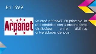 En 1969 
Se creó ARPANET. En principio, la 
red contaba con 4 ordenadores 
distribuidos entre distintas 
universidades del país. 
 