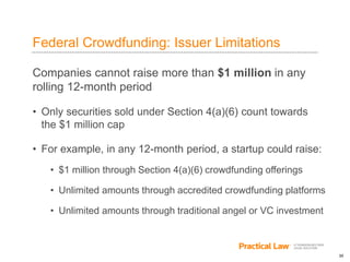 20
Federal Crowdfunding: Issuer Limitations
Companies cannot raise more than $1 million in any
rolling 12-month period
• Only securities sold under Section 4(a)(6) count towards
the $1 million cap
• For example, in any 12-month period, a startup could raise:
• $1 million through Section 4(a)(6) crowdfunding offerings
• Unlimited amounts through accredited crowdfunding platforms
• Unlimited amounts through traditional angel or VC investment
 