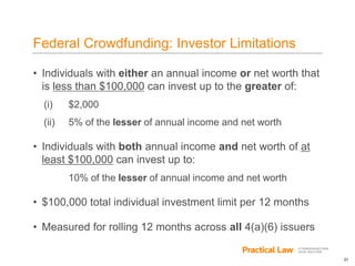 21
Federal Crowdfunding: Investor Limitations
• Individuals with either an annual income or net worth that
is less than $100,000 can invest up to the greater of:
(i) $2,000
(ii) 5% of the lesser of annual income and net worth
• Individuals with both annual income and net worth of at
least $100,000 can invest up to:
10% of the lesser of annual income and net worth
• $100,000 total individual investment limit per 12 months
• Measured for rolling 12 months across all 4(a)(6) issuers
 